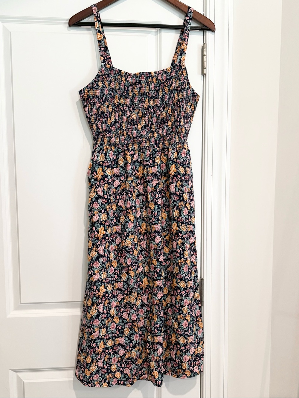 Old Navy Black Floral Smocked Midi Dress with Pink & Yellow Blooms